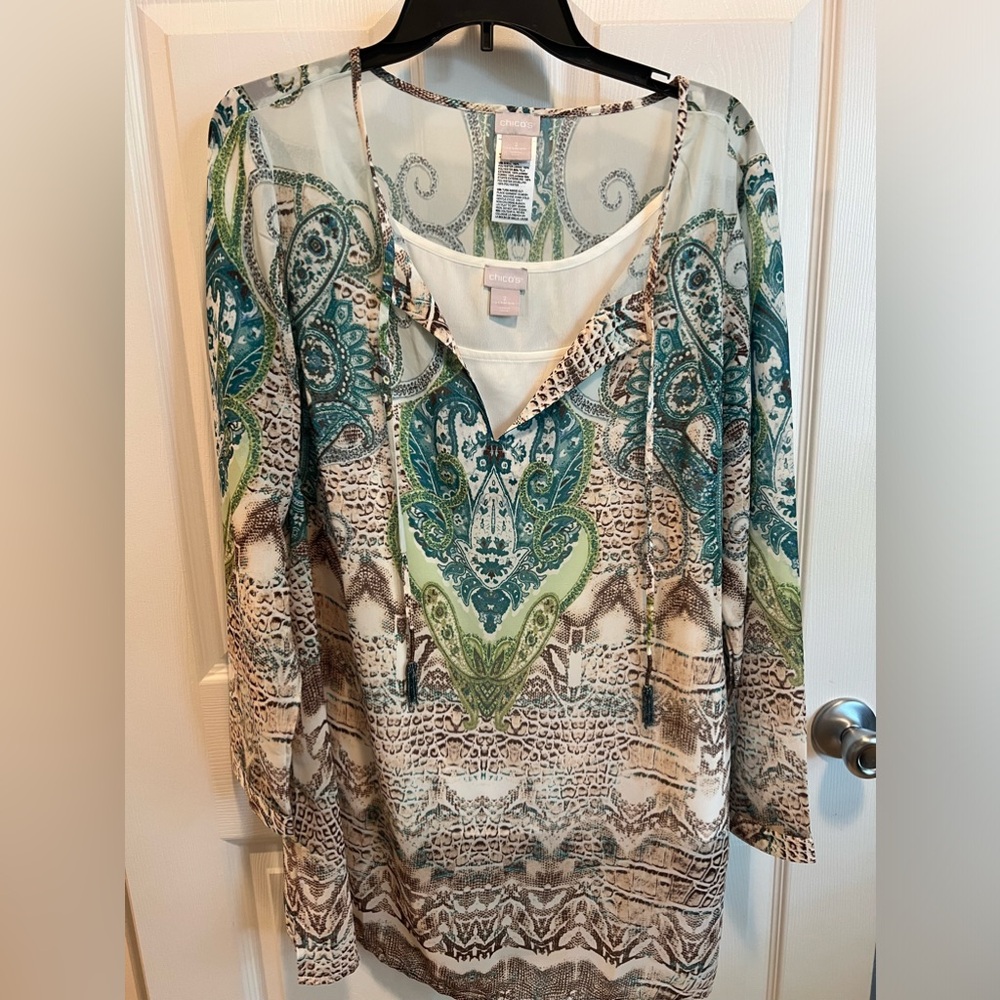 Chico’s Sheer Paisley 2 piece Tunic in Tapestry Teal. Chico Size 2 (12)